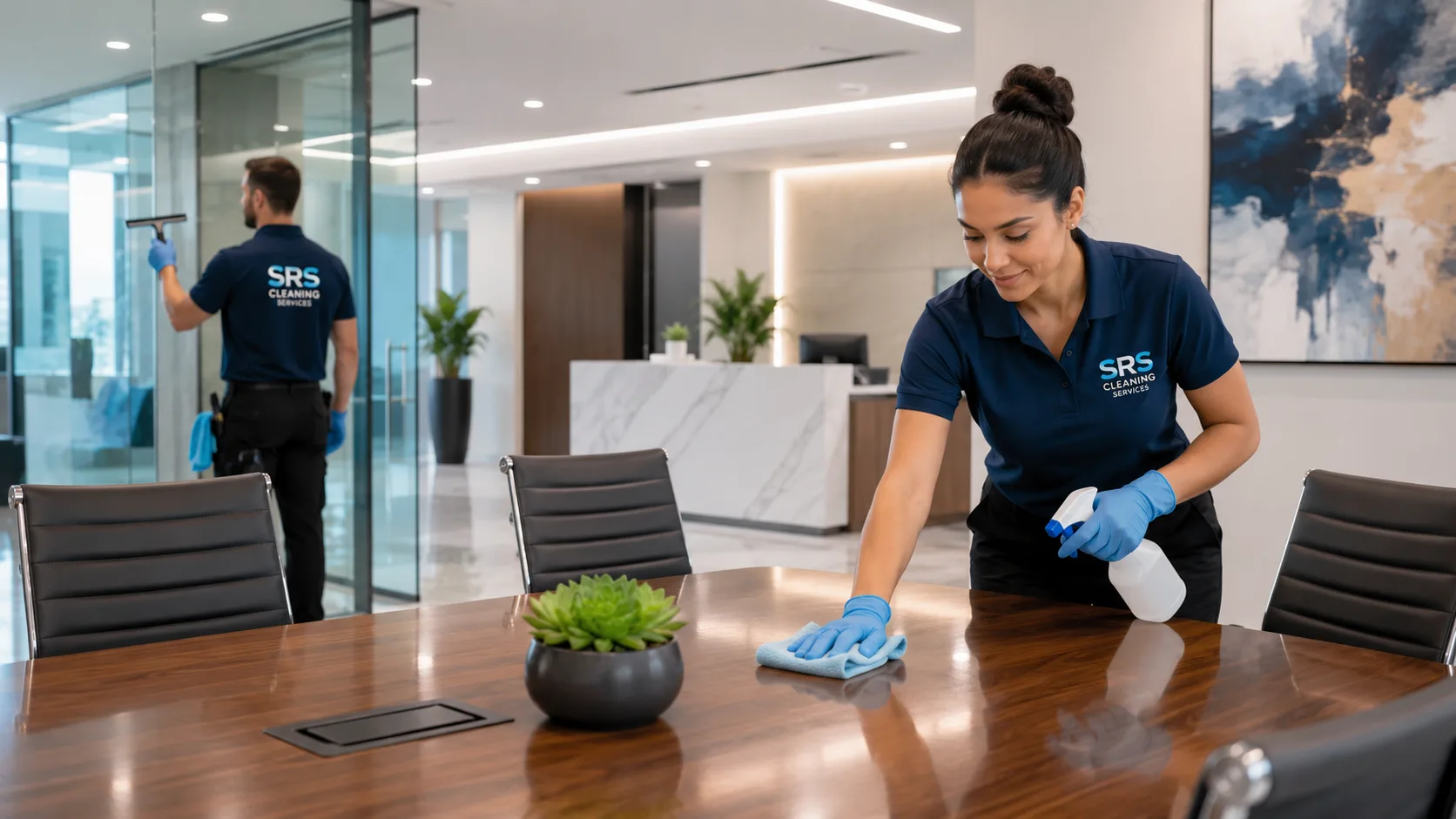 office cleaning: office cleaning in Orange County: SRS professionals cleaning a modern Orange County office