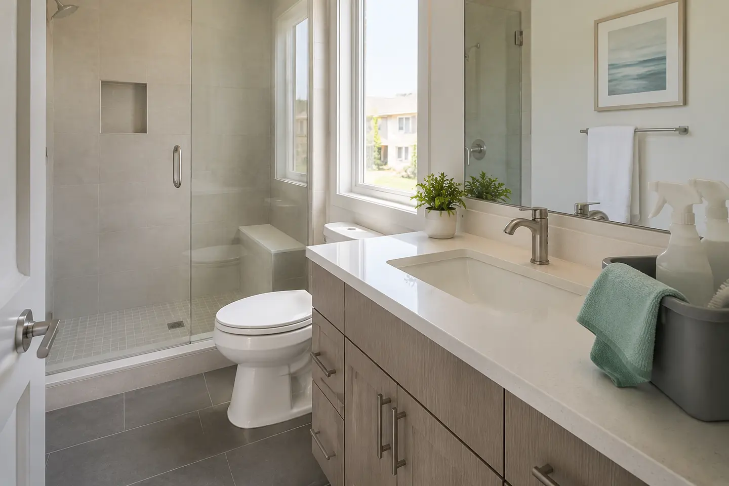 Clean modern apartment bathroom showing shower, vanity, and tile surfaces