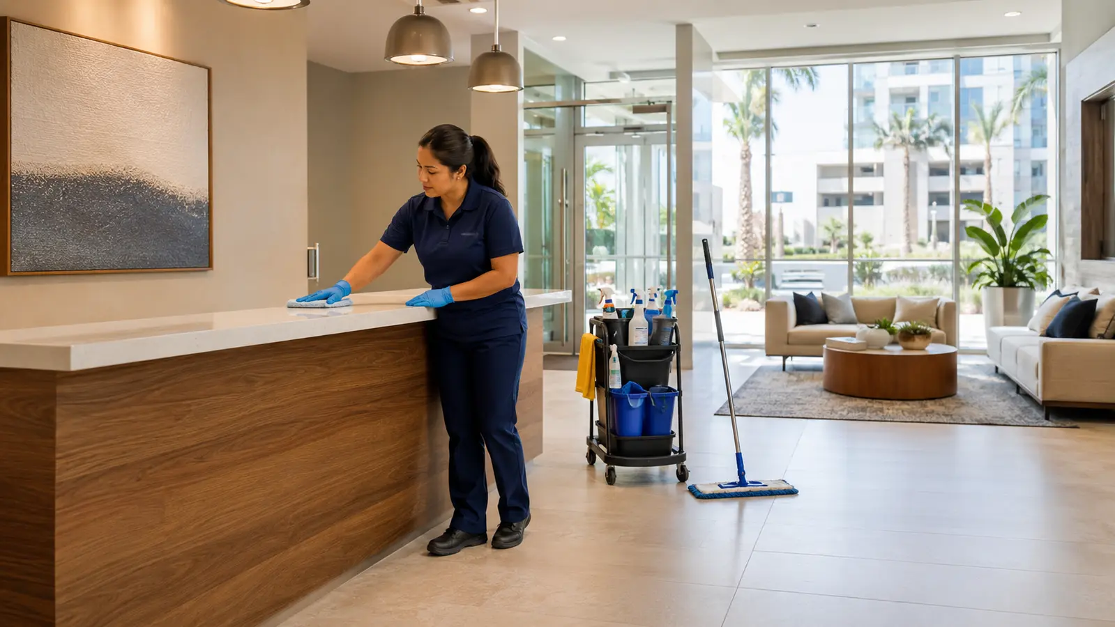 Professional cleaner wiping the counter in a bright apartment common area lobby