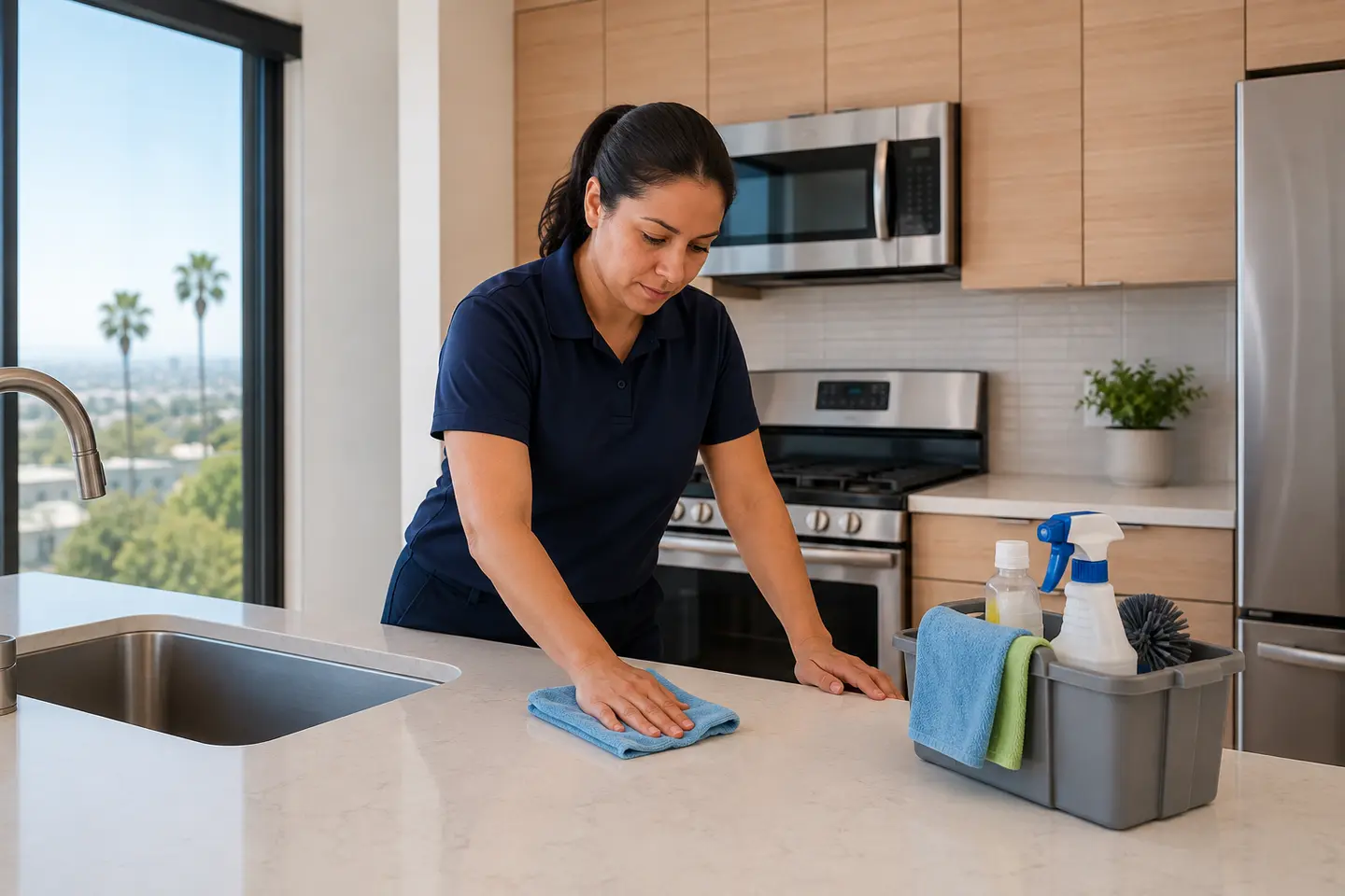 Professional cleaner wiping a modern apartment kitchen countertop