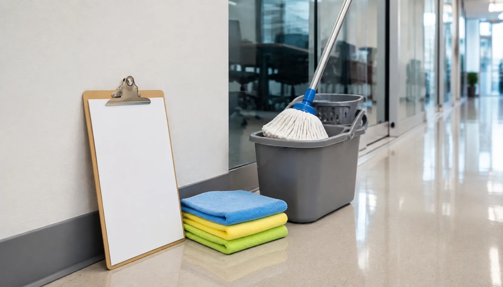 Detailed commercial floor cleaning checklist scene with supplies and baseboards.