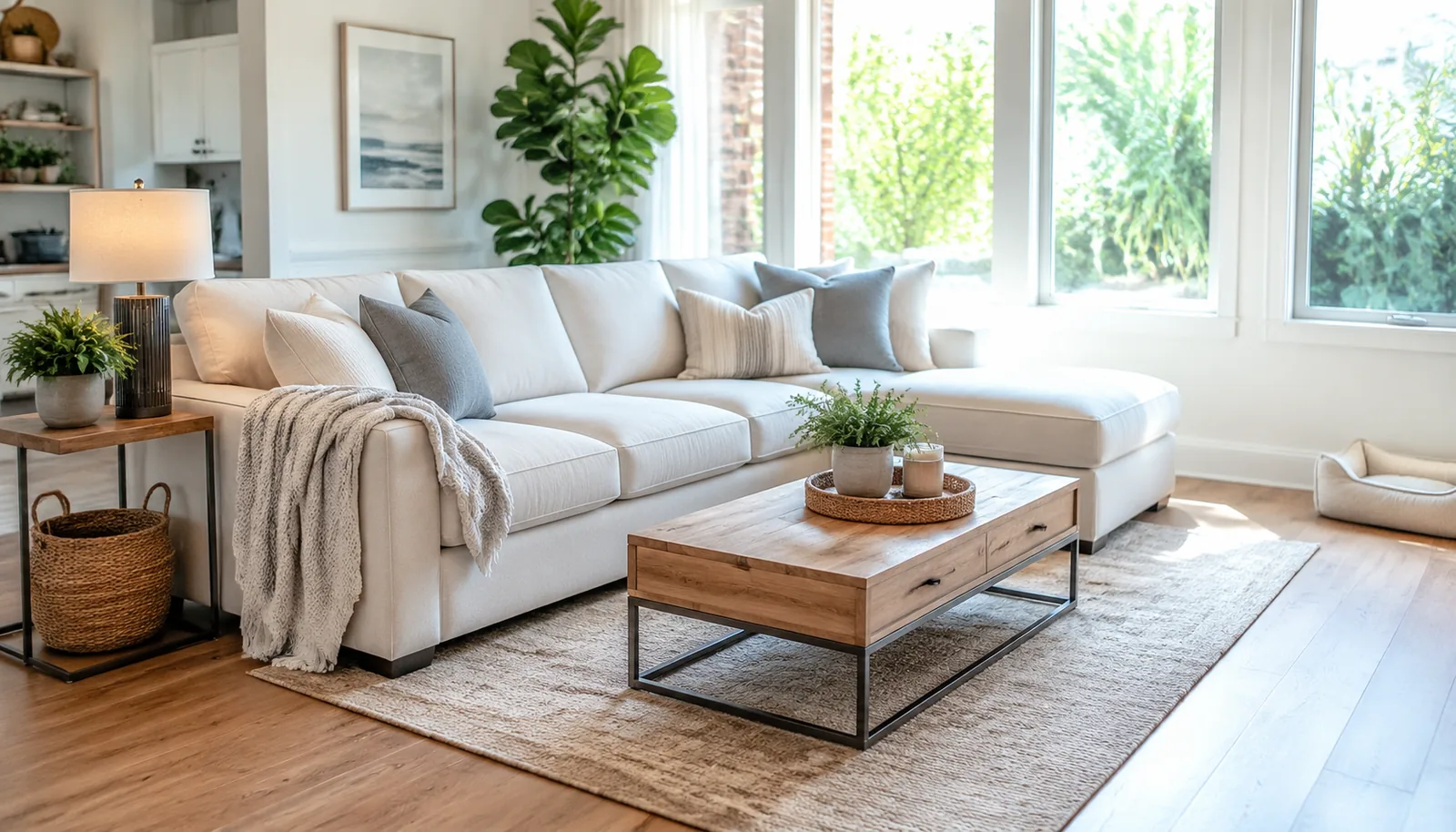 Fresh clean living room with washable textiles and hard floors after dog odor cleaning.