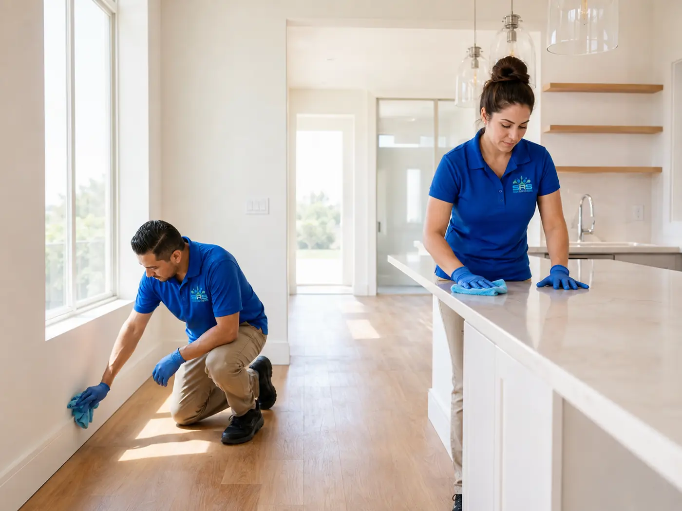 Two SRS cleaners in royal-blue logo uniforms preparing an empty home for move-in