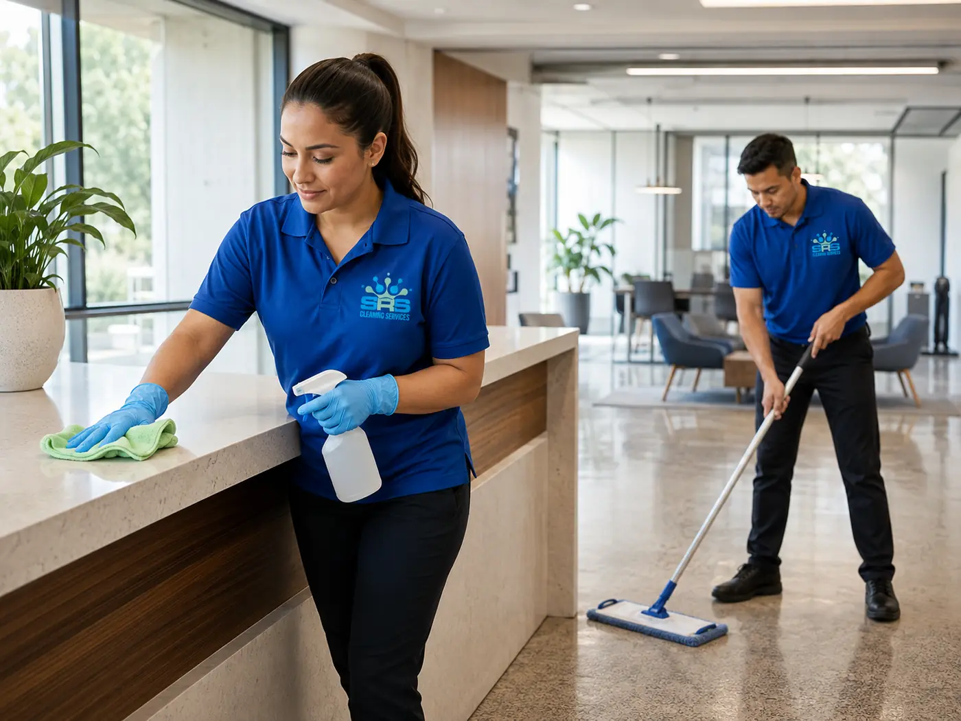 Two SRS office janitors in royal-blue logo uniforms cleaning a modern workplace