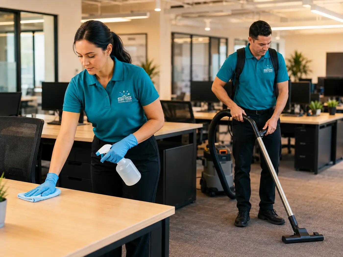 Two SRS janitors in teal logo uniforms cleaning an open-plan office
