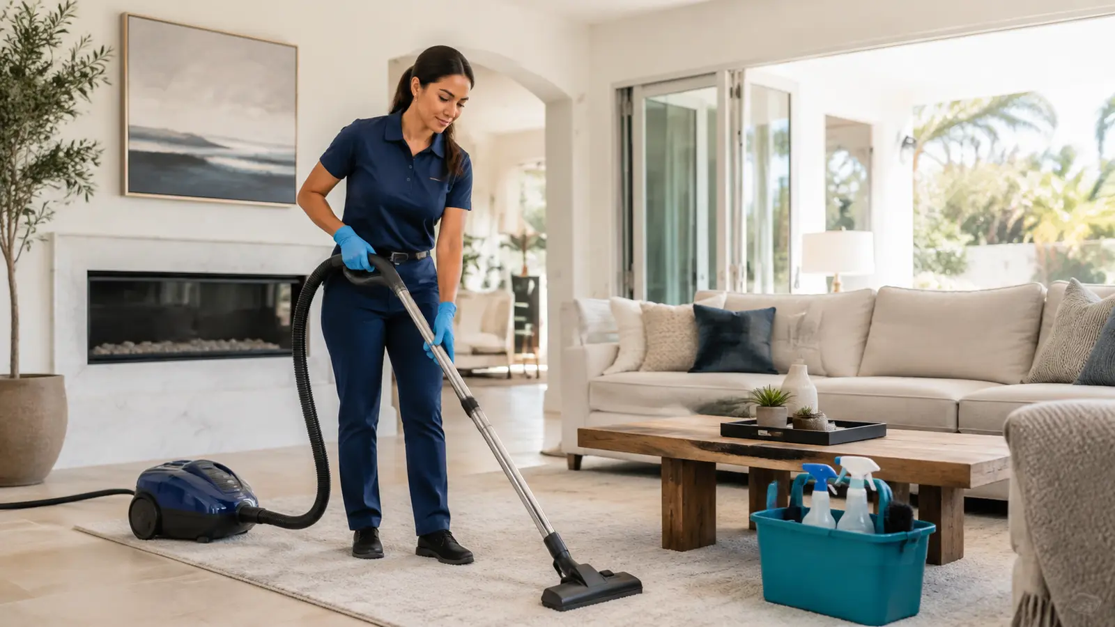 Professional cleaner providing a one-time cleaning service in an Orange County living room