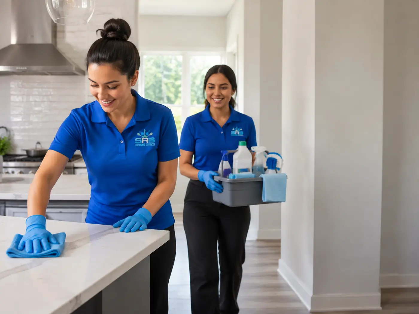 Two SRS residential cleaning professionals in royal-blue logo uniforms caring for a bright kitchen