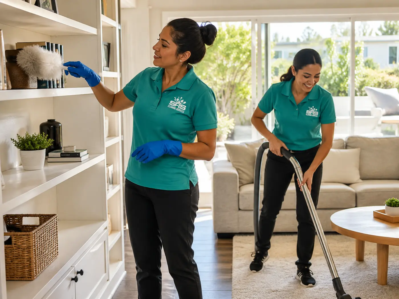 Two SRS residential cleaning professionals in teal logo uniforms caring for a living room