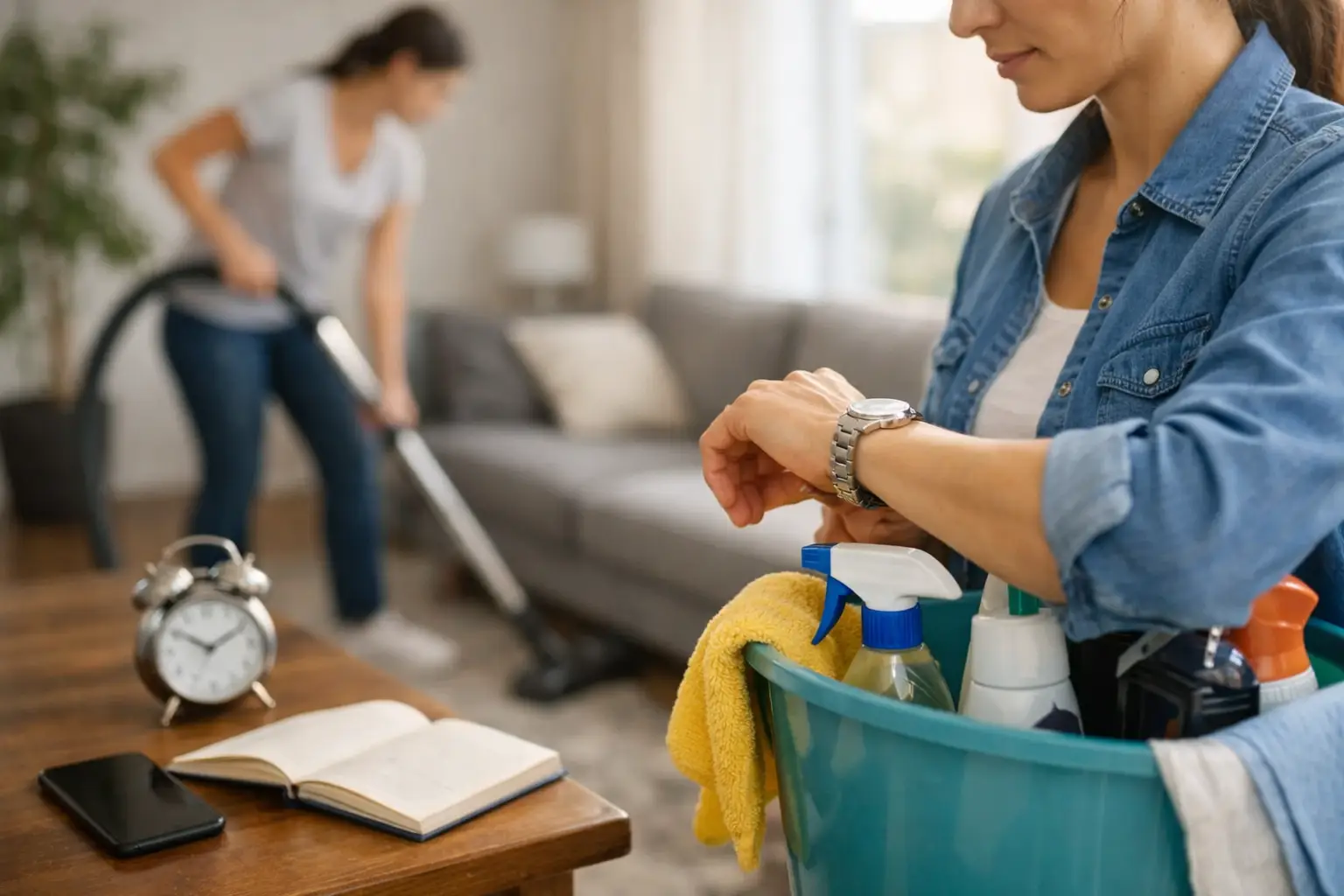 Woman preparing cleaning supplies while another person vacuums a bright living room